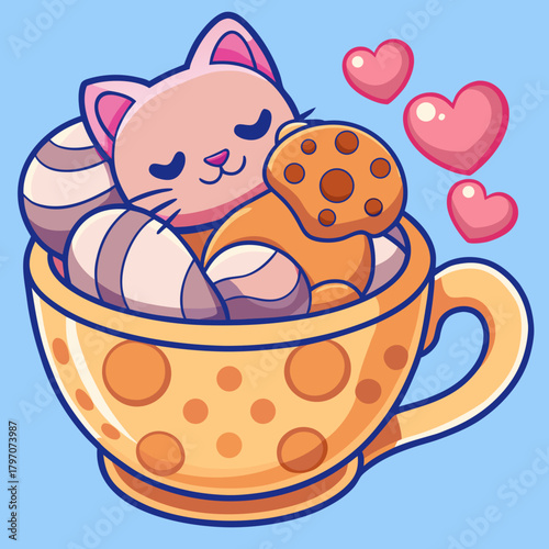 Cute Cat Sleeping inside a Teacup with Cookies and Hearts