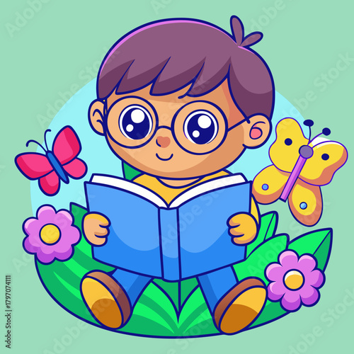Cute cartoon boy with glasses reading a book in a garden