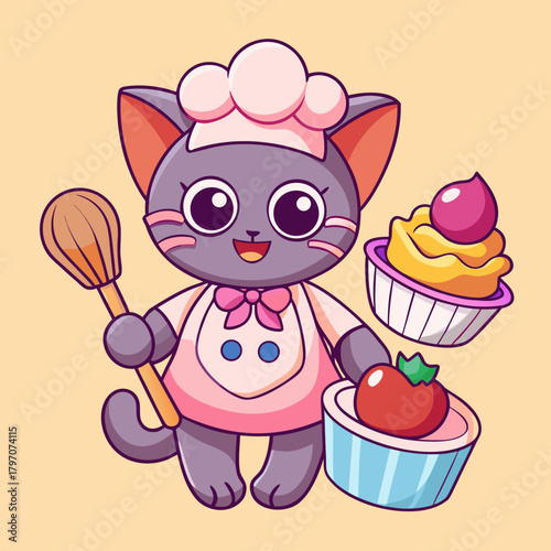 Cute Cartoon Cat Chef with Whisk and Cupcakes
