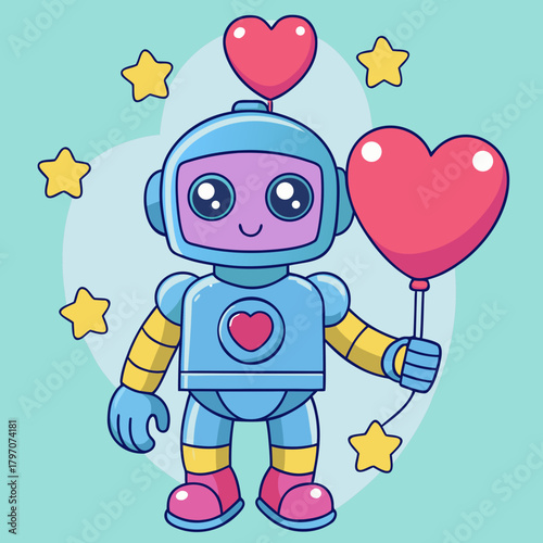 Cute Robot Holding Heart Balloons in Soft Pastel Colors