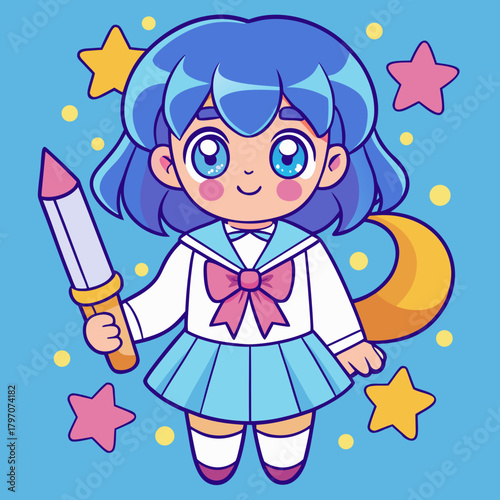 Cute anime girl holding pencil with stars and a crescent moon