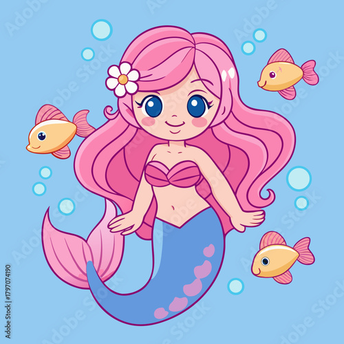 Cute Cartoon Mermaid Smiling and Waving Amongst Fish
