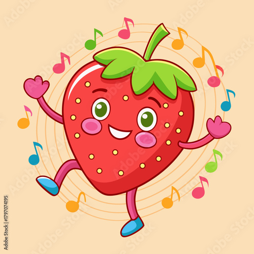 A happy Kawaii strawberry character dancing with musical notes