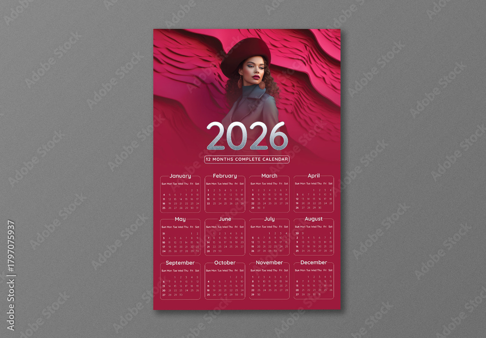 Editable 2026 Yearly Wall Calendar Template with Modern Woman in Red ...