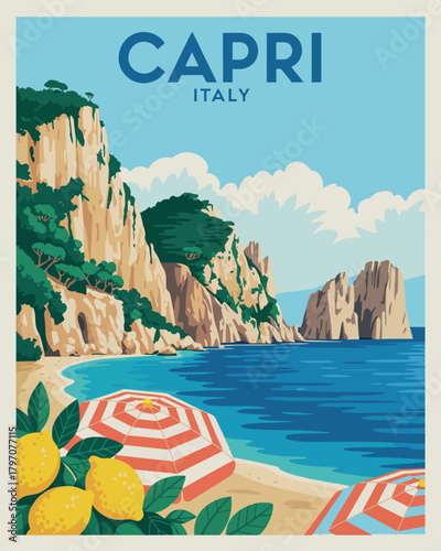 Summer Day in Capri Italy – Minimalist Travel Poster Vector Illustration