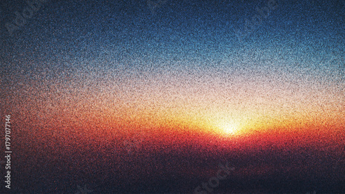 Dreamy grainy sunset with nostalgic analog film texture created from thousands of individual dots. Golden light fades into tranquil darkness with timeless charm and depth for ambient digital design