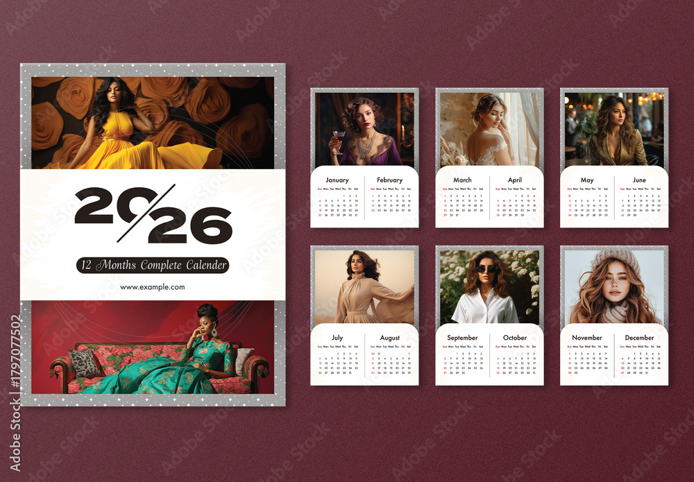 Editable 2026 Yearly Calendar Template Set with Various Female Models ...