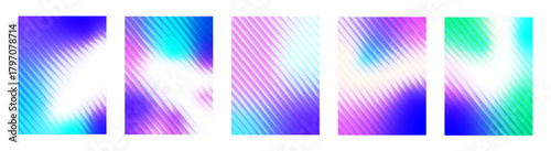 Set of blue cyan purple color gradient with trendy stripped glass effect texture background for poster, banner, wallpaper, presentation. Vector graphic elements.	