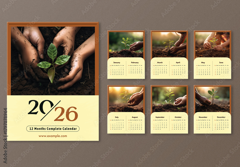 Editable 2026 Yearly Calendar Template Set with Hands Planting Saplings Photos. Stock Template ...