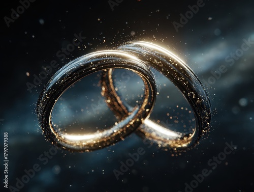 Intertwined rings shine with golden dust, symbolizing connection and eternity against a softly blurred, dark blue background. Sparkles.