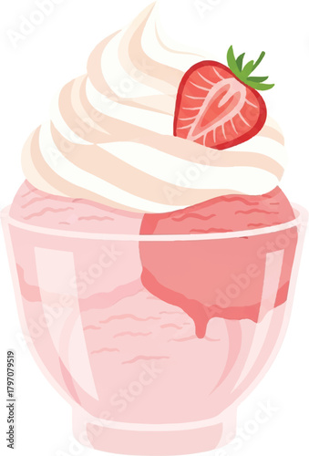 Delicious strawberry ice cream sundae with whipped cream and fresh berries, perfect for summer treats and dessert menus, delightful and refreshing taste sensation