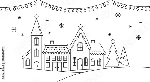 Winter village street coloring page with church, houses, snow
