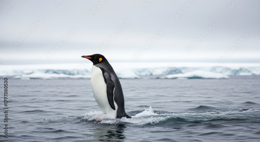 Naklejka premium A penguin emerges from the water, creating splashes, with icebergs visible in the background under a cloudy sky.