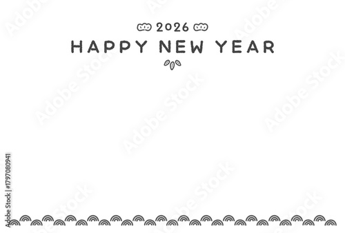 シンプルでかわいい手書きの2026年の年賀状のテンプレート - 縁起物の和柄のイラスト入り年賀素材