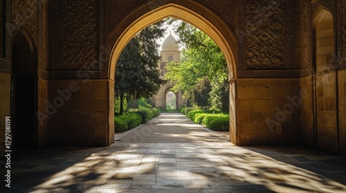 Archway to garden, sunlight