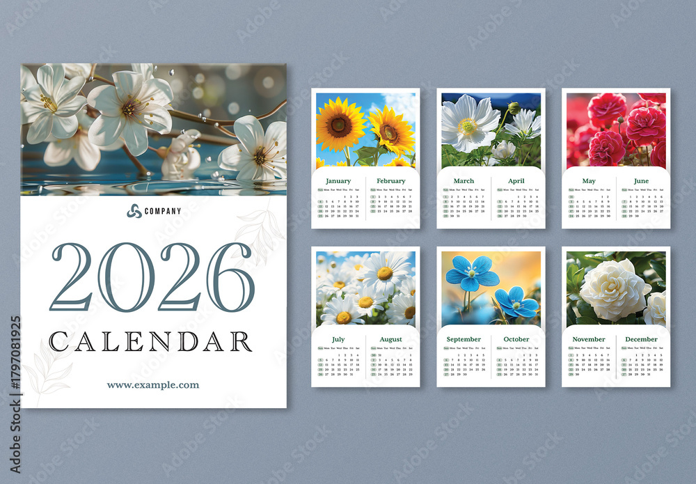 Editable 2026 Yearly Calendar Template Set with Beautiful Flowers ...