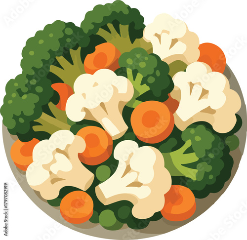 Overhead view of mixed vegetables on a plate broccoli