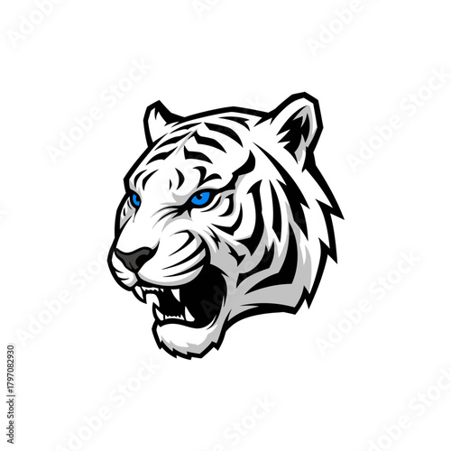 Fierce white tiger head vector mascot illustration with bright blue eyes