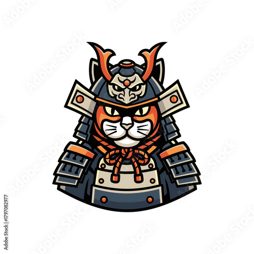Stylized samurai cat mascot wearing traditional Japanese armor and helmet vector illustration.