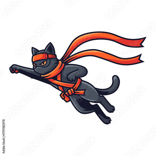 Cartoon black cat ninja mascot leaping or flying in action, isolated vector illustration