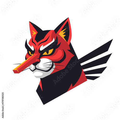 Aggressive stylized red and black fox head mascot illustration with abstract wings