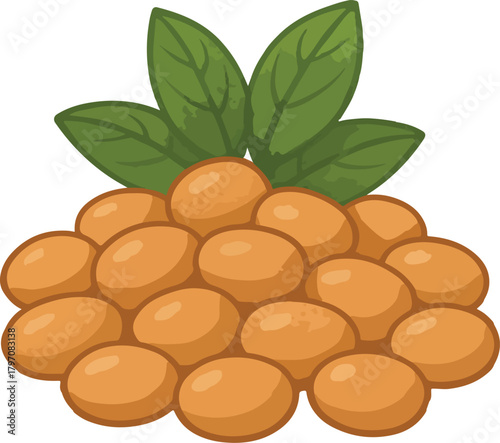 Pile of brown beans with green leaves legumes food