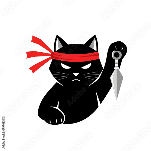 Black cat assassin mascot wearing a red headband and holding a kunai dagger, isolated vector illustration.
