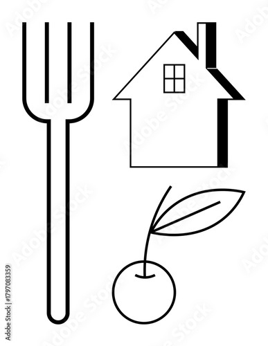 Black-and-white fork alongside a simple house and cherry outline. Ideal for cooking, dining, home, simplicity, sustainability, farm-to-table, and minimalism. A simple flat metaphor