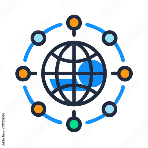 A globe with interconnected nodes representing global tech