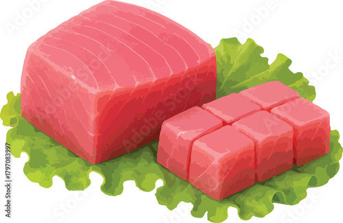 Raw tuna steak and cubes on lettuce leaves fish seafood