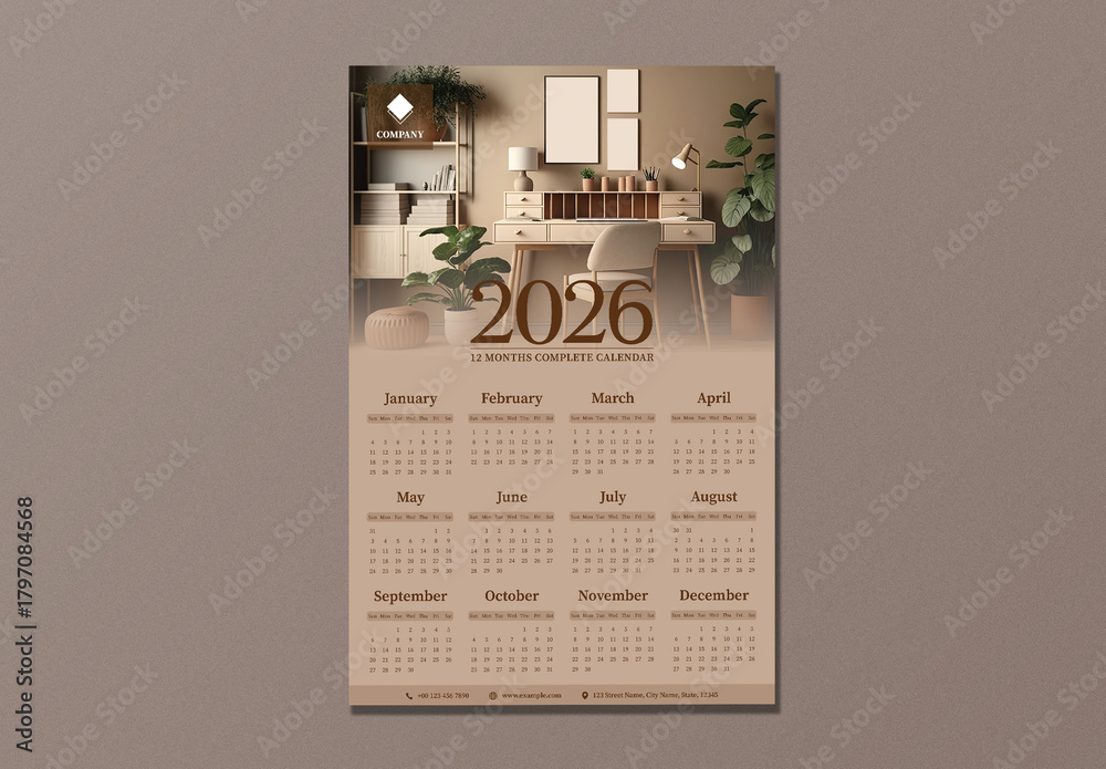 Editable 2026 Yearly Wall Calendar Template with Interior Scene in ...