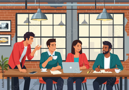 A young woman sits in an armchair, drinking from a mug, surrounded by her art supplies in a cozy, sunlit room with paintings and books.