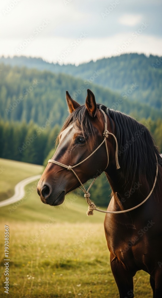 Fototapeta premium Majestic brown horse standing in a lush green landscape with rolling hills under a soft evening light