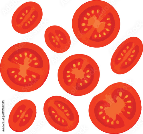 Sliced red tomatoes with seeds on white background