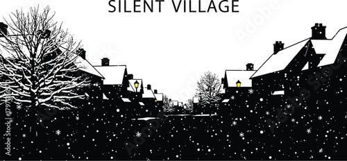 A quiet village covered in snow, with lights glowing in some windows