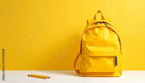 Bright Yellow Backpack and Pencil on Solid Yellow Background in Minimalist Monochromatic School Setup