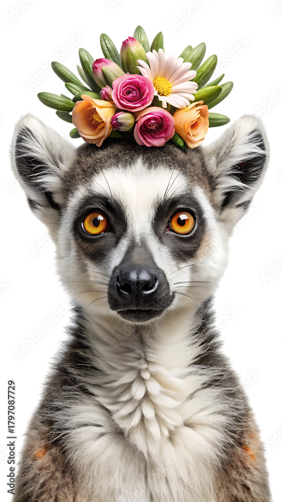 Obraz premium Close-up portrait of a ring-tailed lemur adorned with a vibrant floral wreath