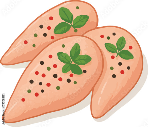 Three raw chicken breasts seasoned with peppercorns and basil