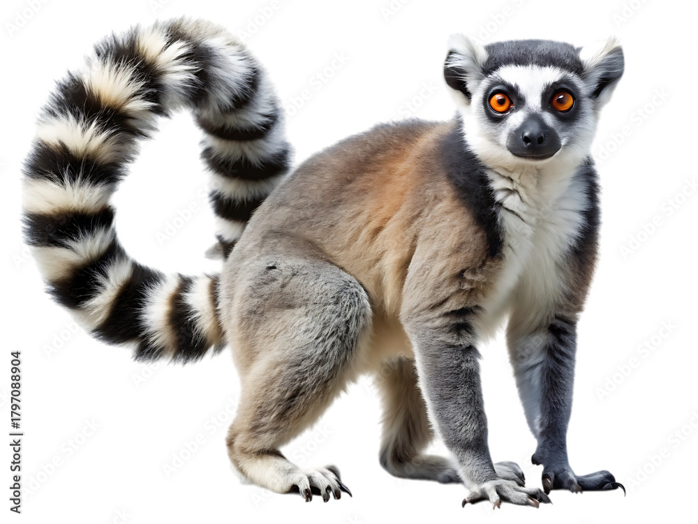 Obraz premium A ringtailed lemur, a primate native to madagascar, with its distinctive black and white striped tail curled around its body, isolated on transparent background