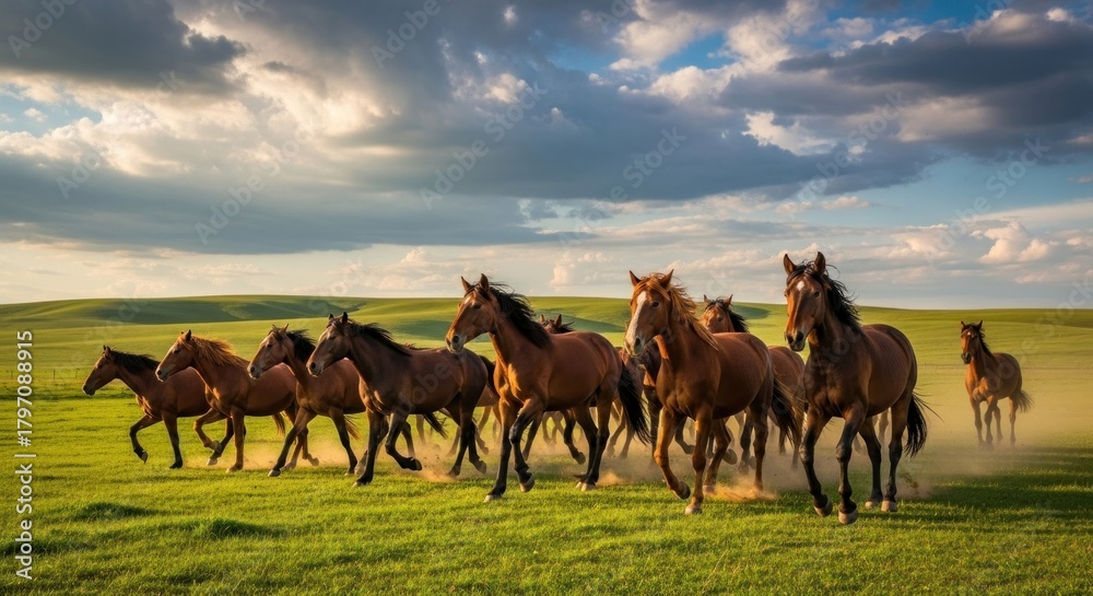 Fototapeta premium A herd of wild horses gallops across a grassy field under a cloudy sky.