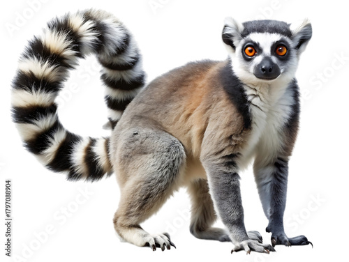 A ringtailed lemur, a primate native to madagascar, with its distinctive black and white striped tail curled around its body, isolated on transparent background