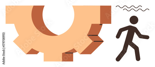 Gear element juxtaposed with a walking person, wavy stress lines suggesting tension or challenge. Ideal for business process, productivity, mental health, pressure, problem-solving, balance