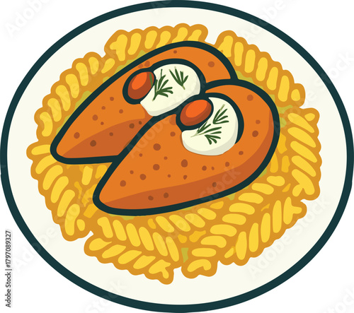 Two breaded cutlets with sauce and herbs on pasta food