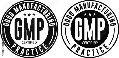 Good Manufacturing Practice certified vector stamp quality control and compliance isolated on white background