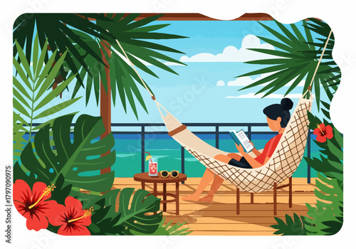 Woman relaxing in a hammock on a tropical balcony overlooking the ocean, reading a book with a drink and sunglasses nearby.