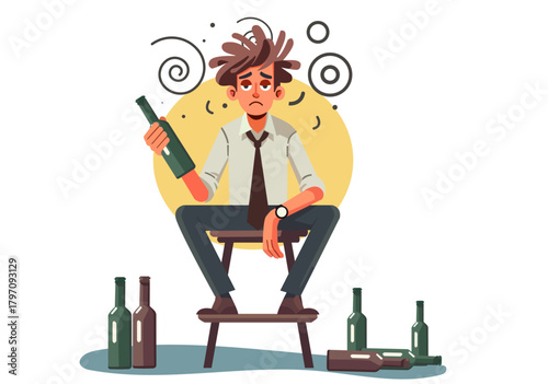 Illustration Man Suffers Hangover or Alcohol Addiction