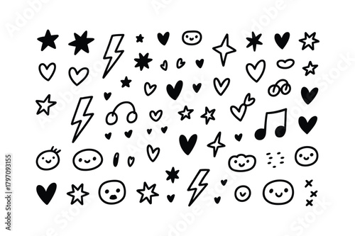 Collection of handdrawn doodle elements including stars, hearts, lightning bolts, musical notes, and cute faces