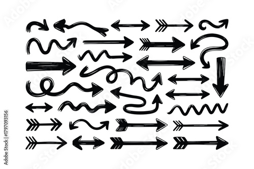 Collection of handdrawn arrow icons with a black ink brush stroke effect, isolated on a