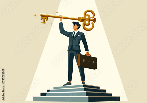Businessman Holding Key to Success on Steps