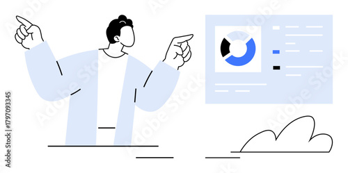 Male figure gestures towards pie chart and data screen, suggesting explanation or presentation. Ideal for business strategy, analytics, teamwork, technology, education, productivity, decision-making